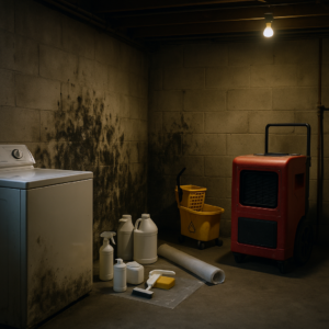 Basement laundry room prepared for mold remediation with visible mold on concrete walls, a washing machine, red dehumidifier, yellow mop bucket, and cleaning supplies under a single overhead bulb.