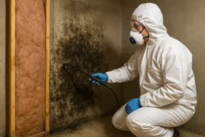 Mold remediation expert in full protective gear applying treatment to heavy mold growth inside a damp basement wall, with exposed insulation and concrete visible behind removed drywall.