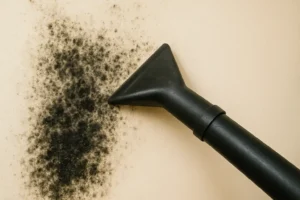 Close-up of black mold being removed from a surface using a vacuum extraction tool
