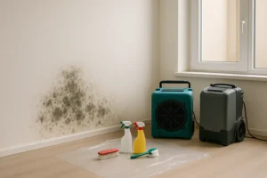 Room prepared for mold treatment with visible mold on a white wall, air scrubber, dehumidifier, and cleaning supplies on plastic sheeting near a window.