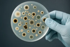 Gloved hand holding a petri dish with mold colonies growing on agar for laboratory analysis